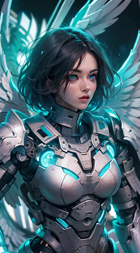 (Masterpiece), (Best quality), 1girll, Battle Angel, A female warrior with angel wings, battlefiled, Portrait, Close-up shot, (Blue glowing eyes), Cyborg armor