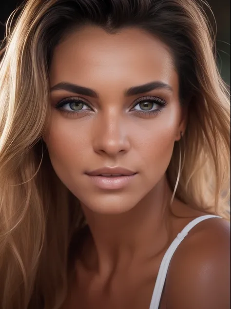 A photorealistic portrait of an incredibly beautiful tanned woman with light makeup, Highly detailed light honey eyes, Realistic symmetrical face detailed, Extremely detailed natural texture, Fishing down, messy windy hair, Masterpiece, award-winning photo...