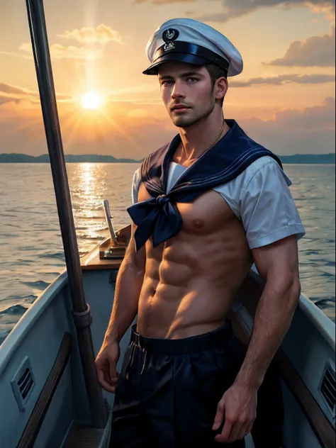 masterpiece, best quality, high resolution, A man, with sailor clothes, bare chest, sailor hat, in the background a boat, amazing composition, front view, HDR, volumetric lighting, ultra quality, elegant, highly detailed