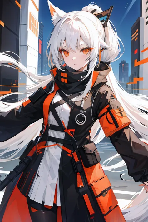 anime girl with long hair and a orangeeyes, arknights , white haired fox, girls frontline style,1girl,pony tail,futurecity