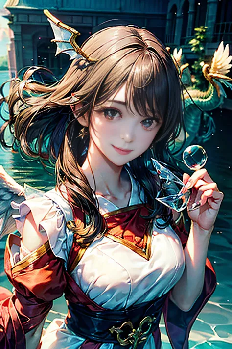 (Sheer and revealing costumes:1.3, ),(Angel with glass wings floating on lake:1.3), (Glass Dragon Behind:1.3),Glossy light brown and orange striped shorthair,Cute smile,Perfect round face,A cheerful smile that makes the viewer happy,Proper body proportion,...