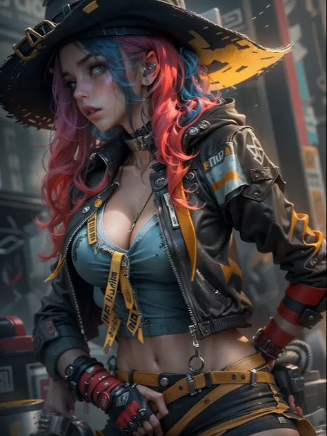 unreal-engine:1.4,Ultra-realistic 64K CG, Fotorrealista:1.4, Skin texture:1.4, tmasterpiece:1.4,cyber punk style，Beautiful woman in hat，cowboys，long whitr hair、Yellow cyberpunk-style shorts, Red pantyhose , The miniskirt is blue,