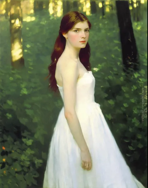 ((( Singer Sargent oil painting ))) young 21 year old redhead siberian woman ((slanted eyes)) long shot, shoulder length hair, corkscrew hairstyle, satin dress, strapless, painting art ，forest at twilight, soft ligth out of focus background, Large strokes ...