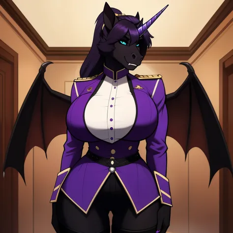 muscular_mature_horse female dark_purple_mane ponytail black_furry_body teal_eyes cat_eyes solo Masterpiece best_quality absurdres highly_detailed unbuttoned_18th_century_naval_officer_uniform cleanly_drawn_eyes fangs bat_wings purple_eyeshadow long_black_...