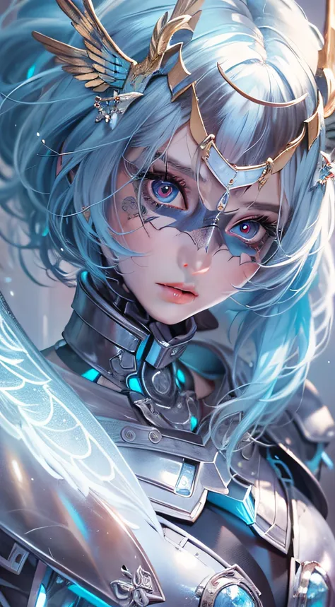 (Masterpiece), (Best quality), 1girll, Battle Angel, Female warrior with angel wings, battlefiled, Portrait, Close-up shot, (Blue glowing eyes), Cyborg armor