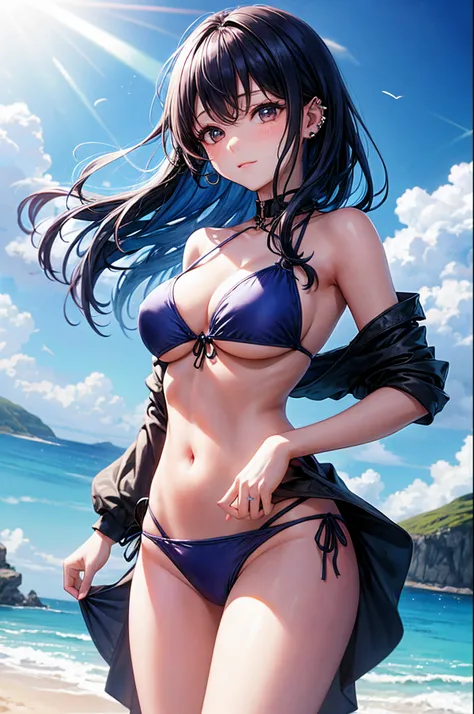 realisitic、top-quality、女の子 1 人、25-years old、Blue hair color、piercings、Shy face、Fancy Bikini、beautiful boob 、sexypose、s ass、night sandy beach、Particles of light、profetional lighting、blue open sky