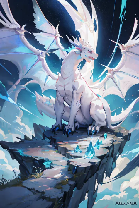 Anime Art Of a White Dragon sitting on a rock with a fonDo Of heaven, Crystal Dragon, Frost Dragon, legendary dragon, blue eyes white dragon, colossal dragon as background, TenDencias en ArtStation Pixiv, Arte oficial De alto Detalle, Arte Digital DetallaD...