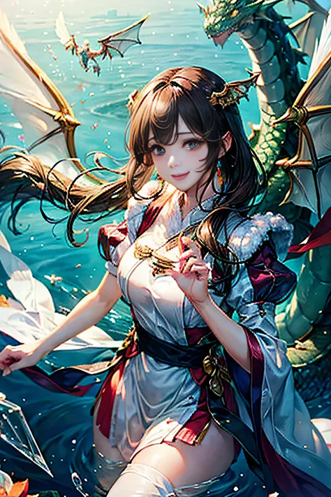 (Sheer and revealing white fluffy outfit:1.3, ),(Angel with glass wings floating on lake:1.3), (Glass Dragon Behind:1.3),Glossy light brown and orange striped shorthair,Cute smile,Perfect round face,A cheerful smile that makes the viewer happy,Proper body ...