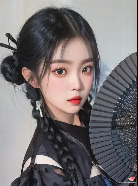 Theres a woman with long hair holding a fan and a fan, Ulzzang, com rabo-de-porco preto, cruel korean goth girl, menina coreana, korean symmetrical face, preto hime corte cabelo, Menina chinesa, pale goth beauty, japanese model, branco hime corte penteado,...