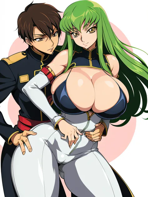 codeGeass, C.C, 1girl in, (((Bimbo))), , wide hips, thick thighs, Big Breast, Huge ass, revealing cleavage, Erotic, Smile Face, bubble butts, Camel toe, breasts, Tight white suit, Lean on me, Cute,