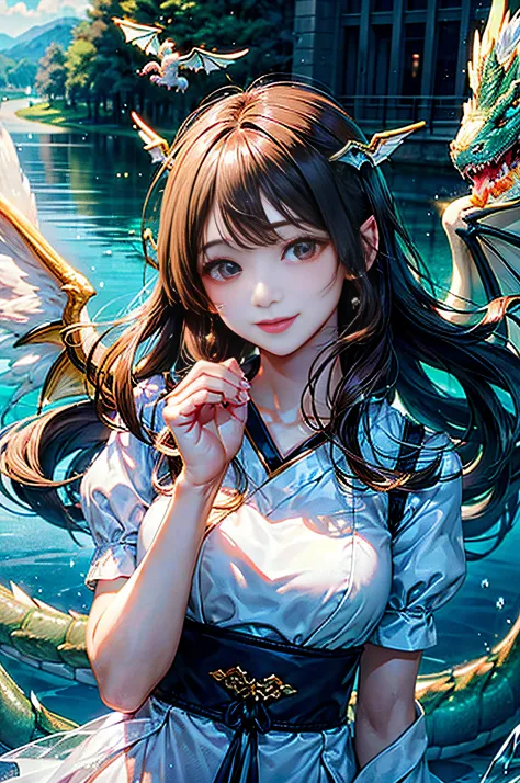 (Sheer and revealing white fluffy outfit:1.3, ),(Angel with glass wings floating on lake:1.3), (Glass Dragon Behind:1.3),shiny light brown and orange striped hair,,,,,,Cute smile,Perfect round face,A cheerful smile that makes the viewer happy,Proper body p...