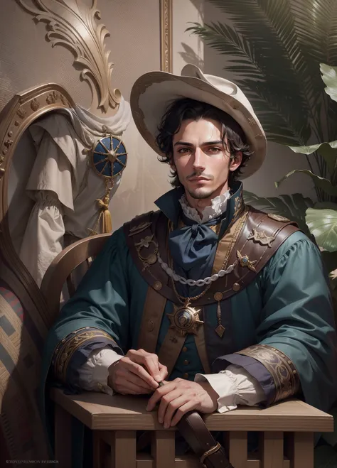 Juan Vespucci, Royal Naval Pilot, face of focus on something, luxurious naval pilot clothes, 16th century, renaissance, age of exploration, age of 25, young, man, Italian, observative, calm, disposition,
temperament, intelligent, clever, knowledgeable, kno...