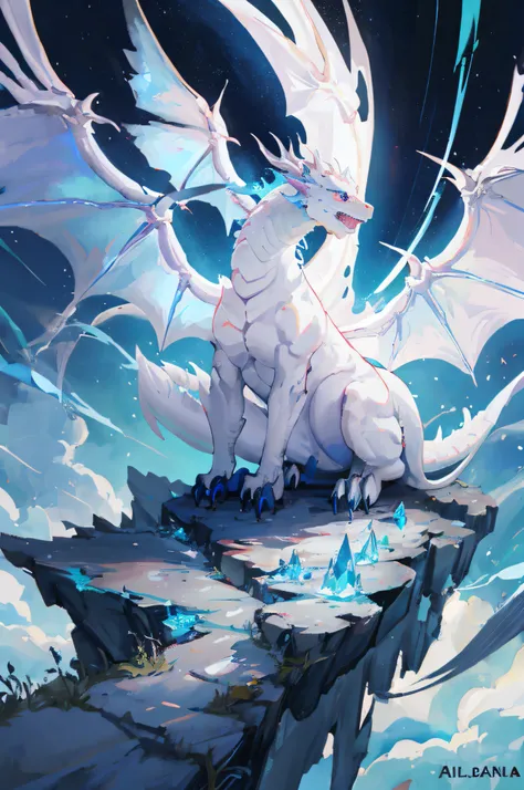 Anime Art Of a White Dragon sentado en una roca con un fonDo Of heaven, Crystal Dragon, Frost Dragon, legendary dragon, blue eyes white dragon, colossal dragon as background, Tendencias en ArtStation Pixiv, Arte oficial de alto detalle, Arte digital detall...