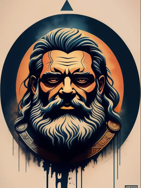 Zeus, arte da camiseta, 2D, ((fundo preto :1, 5)), vetor, vivid colors, master part, best quality, detalhes intrincados, perfect symmetrical face, Realistic details, gothic theme, luz de aro, luar, cinematic shading, Greg Rutkowisk