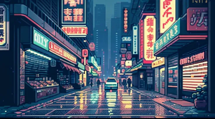 (bokeh effect), (dynamic angle), ((tmasterpiece)), (Streets of Tokyo), (cantharis), (Sateen), (natta), empty city, darkly, (neonlight), pixelart, ((pixilated)), Cyberpunk, (Retro)