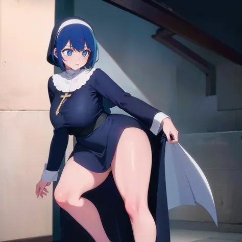 (masterpiece), best quality, expressive eyes, perfect face, beautiful, elegant, female priestess, light blue hair, bangs, short hair, dark blue nun robe, robe covers entire body, has nun headpiece on, tight clothing, curvy, plumb, big tits, big areolas, be...