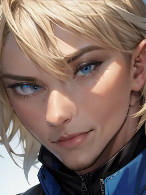 Caucasian Man, blue left eye, grey right eye, close up on face, Blonde Hair