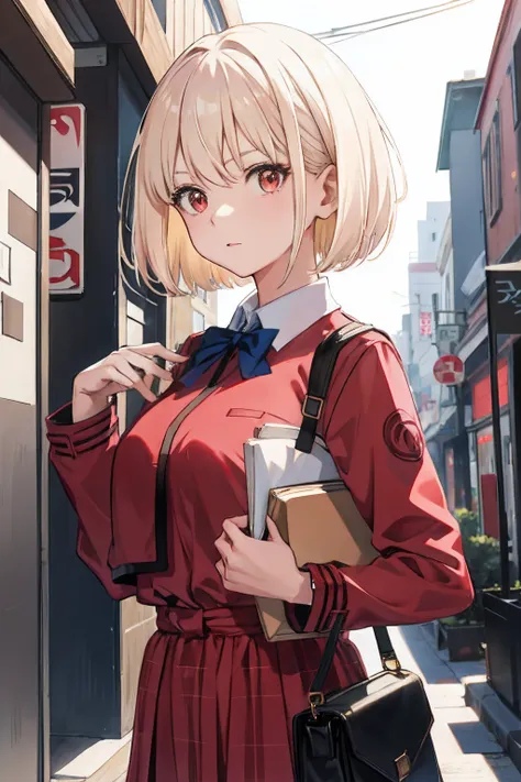 ​masterpiece, city alley at night, upper body, from front, looking at viewer, center of the image, focused in chest and face, large breasts, huge breasts, top-quality, Chisato Nishikiki、Platinum Blonde Hair、Anime girl with red eyes,bob cuts,Anime visuals o...