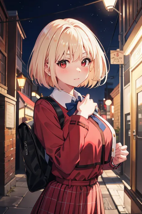 ​masterpiece, city alley at night, ((blushing)), ((lewd expression)), hearts in the eyes, upper body, from front, looking at viewer, center of the image, focused in chest and face, large breasts, huge breasts, top-quality, Chisato Nishikiki、Platinum Blonde...