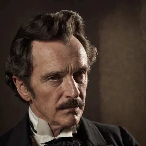 "John Wilkes Booth":0.8, dark, ominous atmosphere, historical setting, dramatic lighting, intense expression, hidden motives, tragic figure