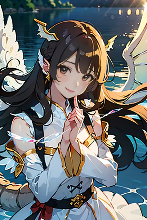 (Sheer and revealing white fluffy outfit:1.3, ),(Angel with glass wings floating on lake:1.3), (Glass Dragon Behind:1.3),shiny light brown and orange striped hair,,,,,,,,,Cute smile,Perfect round face,A cheerful smile that makes the viewer happy,Proper bod...