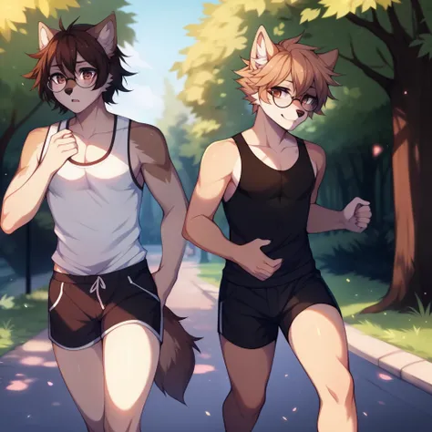 By fumiko, by hyattlen, by claweddrip, a tan male furry wolf, cute snout, tan ears, brown shaggy hair, brown eyes, clear glasses, brown wolf tail, wearing tank top, black shorts, black flats, standing, running in the park, mouth open, looking tired, lookin...