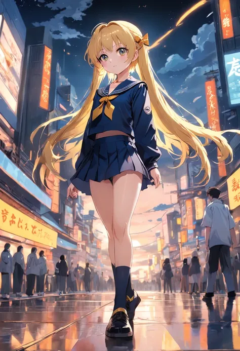 Illustration masterpieces，style of anime，a sailor suit，Black short skirt，Presentable facial features，long yellow hair，thick thighs，thighband，Black Long Socks