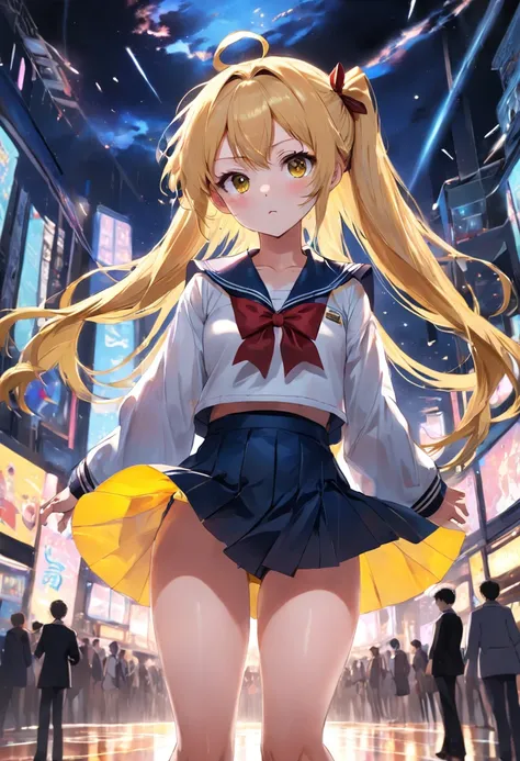 Illustration masterpieces，style of anime，a sailor suit，Black short skirt，Presentable facial features，long yellow hair，thick thighs，thighband，Black Long Socks