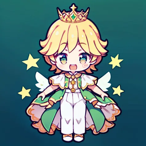 A prince，cute  face，Laugh，Golden hair，tiara crown，Green clothes，white pantie，White shoes，Wings，Three-dimensional pentagram