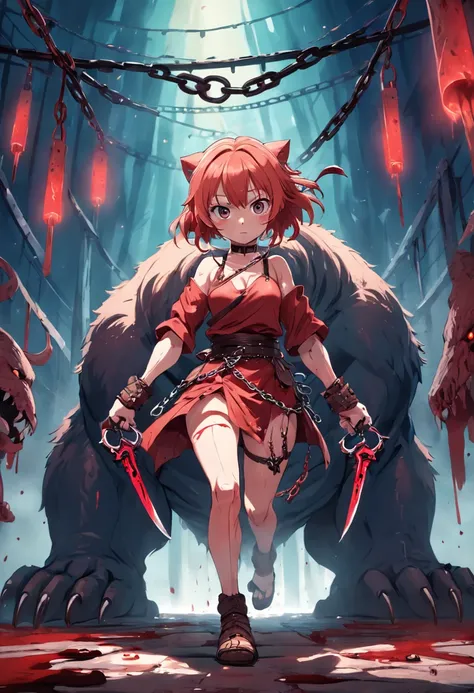 A cute little beastly woman with two knives in her hands with chains and blood around her fighting a giant bear