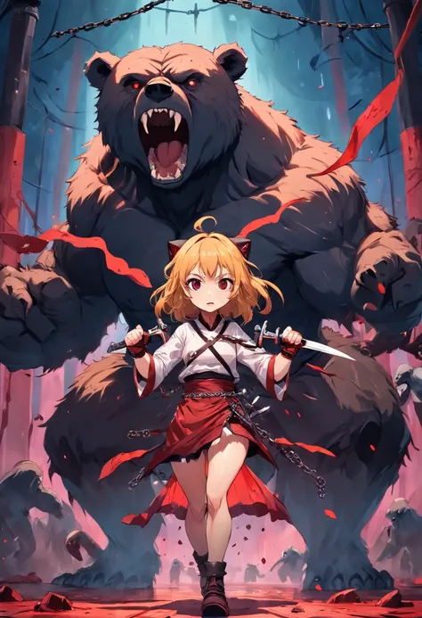 A cute little beastly woman with two knives in her hands with chains and blood around her fighting a giant bear