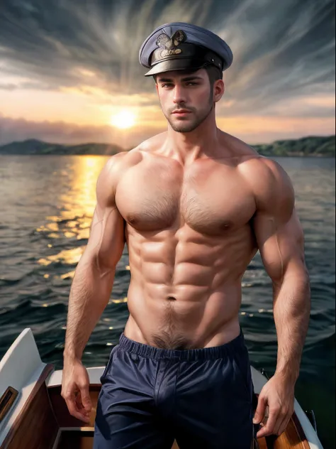 masterpiece, best quality, high resolution, closeup portrait, male focus, solo focus, A man, with sailor clothes, bare chest, body hair, facial hair, muscular, sailor hat, bulge, in the background a boat, amazing composition, front view, HDR, volumetric li...