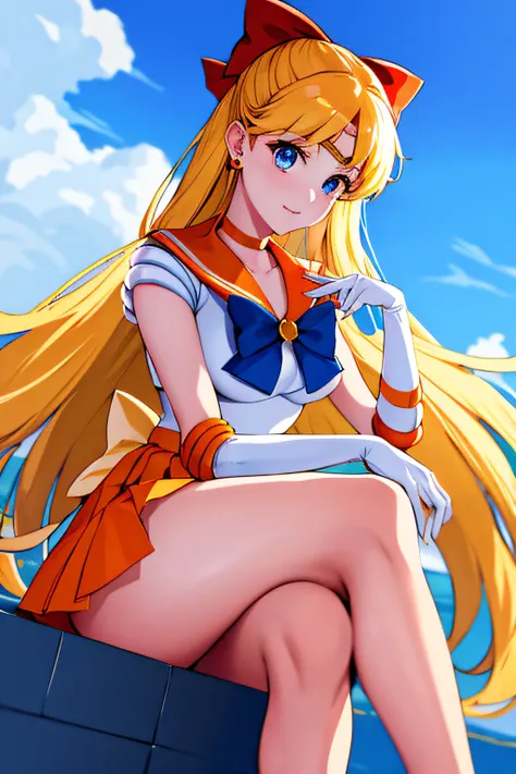 masterpiece, best quality, highres, venus1, 1girl, solo, sailor senshi uniform, sailor venus, aino minako, blonde hair, magical girl, blue eyes, orange skirt, elbow gloves, tiara, pleated skirt, hair bow, orange sailor collar, miniskirt, choker, red bow, o...