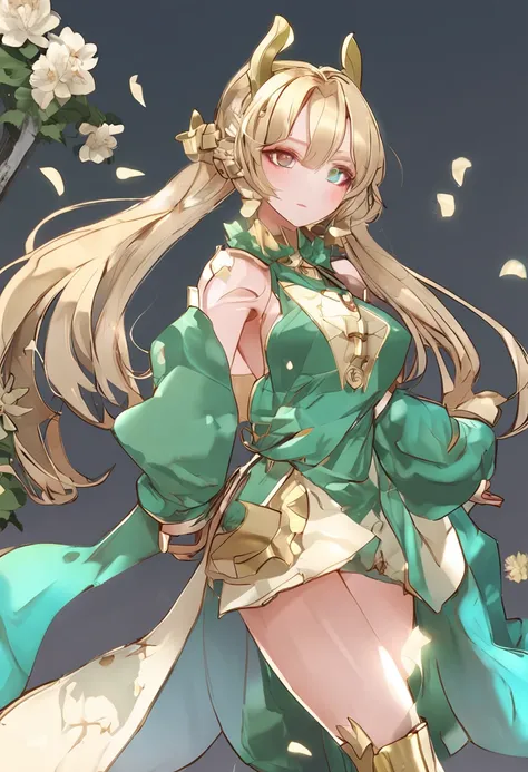 Illustration masterpiece，style of anime，Double ponytail in gold，blue color eyes，1 elf ear，Kizi，1. Perfect figure，Green dress，1 white boots，Thick thighs，Beautiful facial features，tmasterpiece