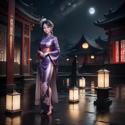 A beautiful chinese woman dressed in chinese design clothes, standing on a wet surface ground,  with chinese designed sculptures in the background with the moonlight and night sky full of stars, chinese designed instruments in the scene, with iridescent li...