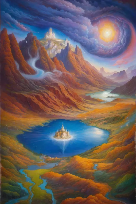 pintura de uma paisagem de montanha com um lago e um castelo, Inspirado em Tomasz Alen Kopera, Painting of a dreamlike landscape, inspirado em Vladimir Kush, symmetrical fantasy landscape, Mystic oil on linen, Fantasy oil canvas, Pintura realista de fantas...