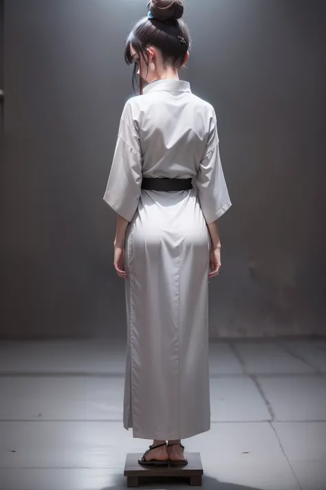 The light is gentle，1 girl in a gray yukata，white sash，burlap，With a petite figure，brunette color hair，hair-bun，Stand in a gloomy prison，Stand up，Full body like，Painful expression，Clothing covers the whole body，seminude，solid color backdrop，back