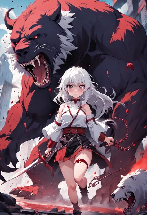 A cute little beastly woman with white hair and two knives in her hands with chains and blood around her fighting a giant bear