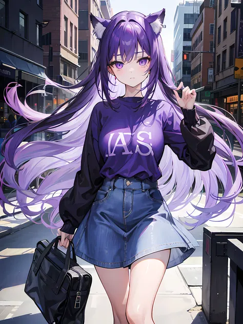 1girl, Long violet hair, cat Ears, violet eyes, perfect face, wearing plain purple shirt, denim skirt, city, absurdres, high res, ultra sharp, 8K, masterpiece, looking at viewer