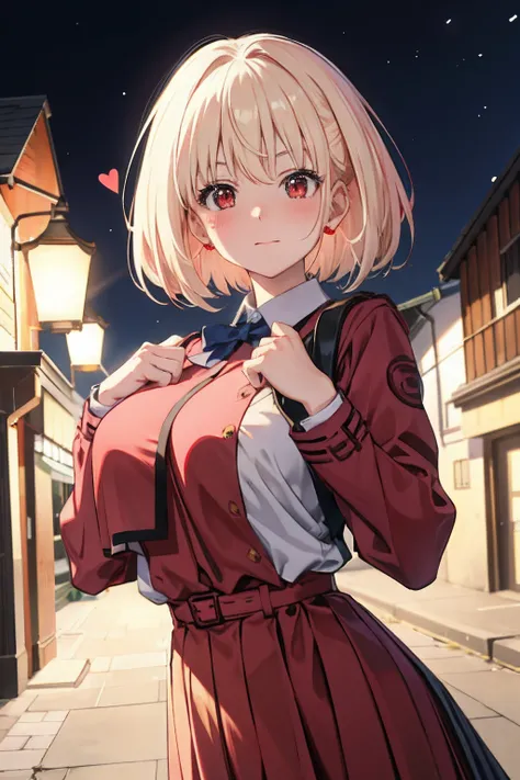 ​masterpiece, city alley at night, ((blushing)), ((lewd expression)), hearts in the eyes, upper body, from front, looking at viewer, center of the image, focused in chest and face, ((large breasts)), (huge breasts), top-quality, Chisato Nishikiki、Platinum ...