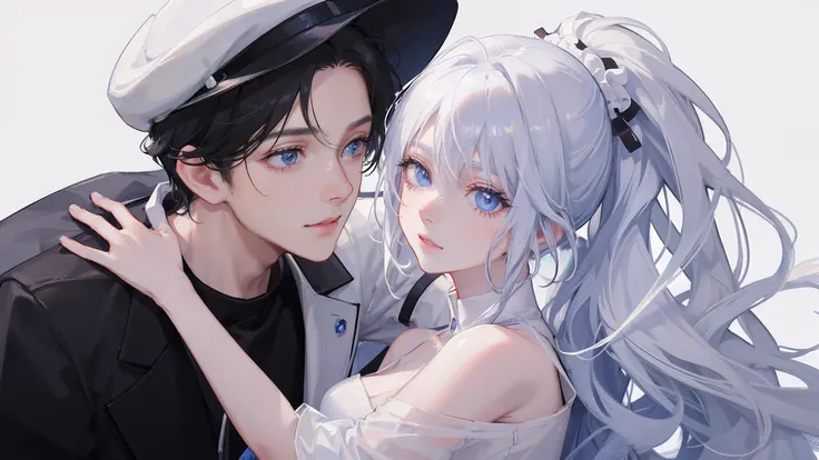 The white-haired, blue-eyed, young girl in a white shirt hugged the boy with black hair and blue-eyed eyes，Embrace the ultimate in light and shadow，k hd，and the sun was shining brightly，is shy，White skin