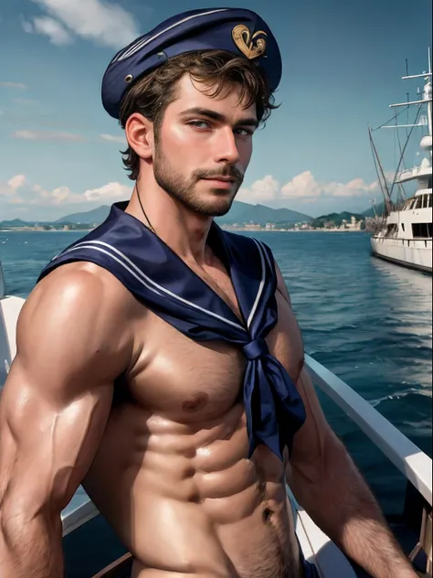 masterpiece, best quality, high resolution, closeup portrait, male focus, solo focus, A man, with sailor clothes, bare chest, body hair, facial hair, muscular, sailor hat, penis, in the background a boat,  amazing composition, front view, HDR, ultra qualit...