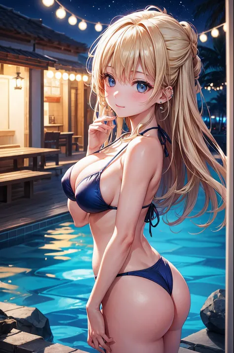 realisitic、top-quality、女の子 1 人、25-years old、Light colored hair、piercings、Shy face、Fancy Bikini、beautiful boob 、sexypose、s ass、night sandy beach、Particles of light、profetional lighting、blue open sky