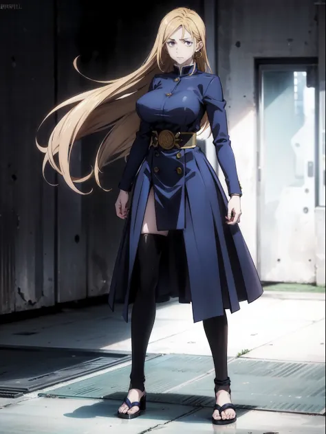 Full body, shes alone, high quality, white skin, long hair, blonde hair, ear piercings, pretty face, huge boobs, based in Jujutsu kaisen