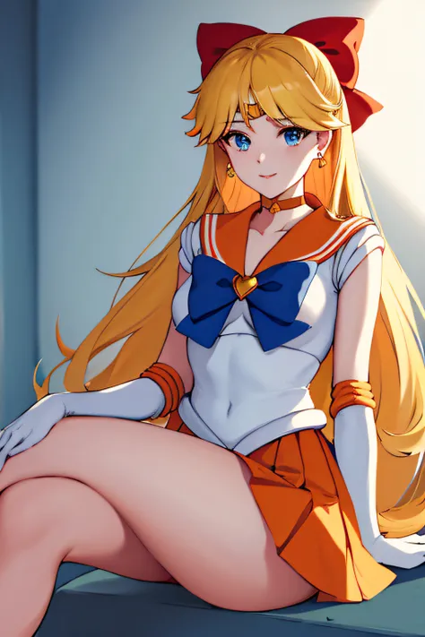 masterpiece, best quality, highres, venus1, 1girl, solo, sailor senshi uniform, sailor venus, aino minako, blonde hair, magical girl, blue eyes, orange skirt, elbow gloves, tiara, pleated skirt, hair bow, orange sailor collar, miniskirt, choker, red bow, o...