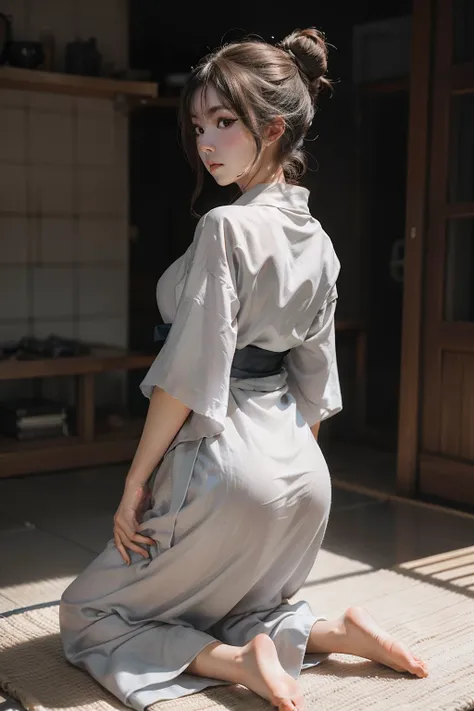 The light is gentle，1 girl in a gray yukata，white sash，burlap，With a petite figure，brunette color hair，hair-bun，In a gloomy prison，Kneeling position，Full body like，is shy，exposing her chest，solid color backdrop，back，Expose your back