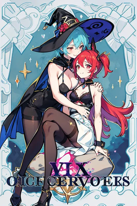 matching hairstyle，Match poses，sexyposture，High split end，high-waist，Bright colors，Magic background，water background，the sky background，2girls，2 witches，Witch hat，Stocking tights，Jumpsuits，Intimate dress，Wrap tightly，Sexy bra，Pantyhose wrapped around the h...