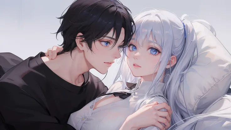 The white-haired, blue-eyed, young girl in a white shirt hugged the boy with black hair and blue-eyed eyes，Embrace the ultimate in light and shadow，k hd，and the sun was shining brightly，is shy，White skin