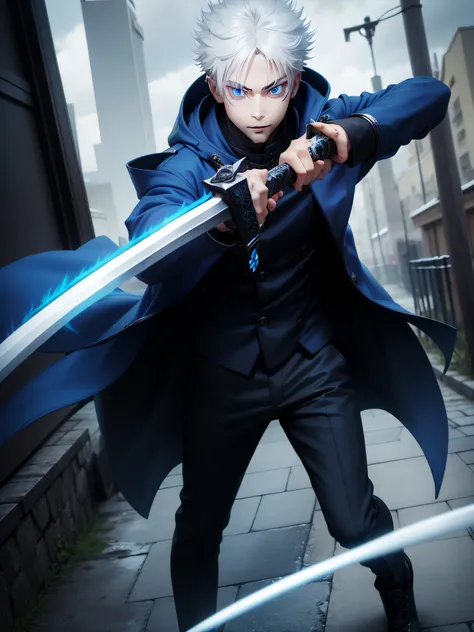 1boy,white hair,blue eyes,blue eyelashes,black jacket,Looking ahead,black pants,holding two katana swords,evil smile,black shoes