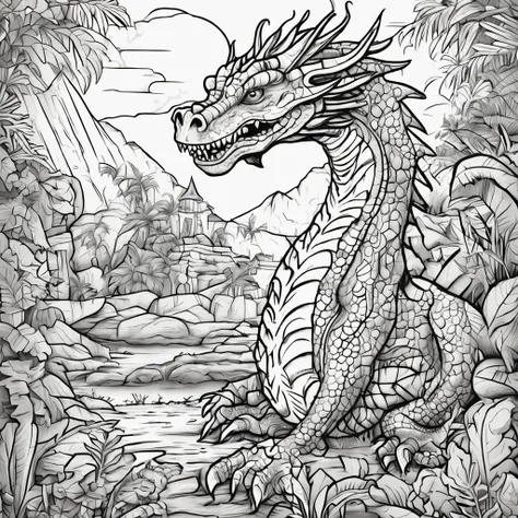 Coloring page, no color, dragon in a jungle, cartoon style, no detail, no shading, no color, no shadow, low detail